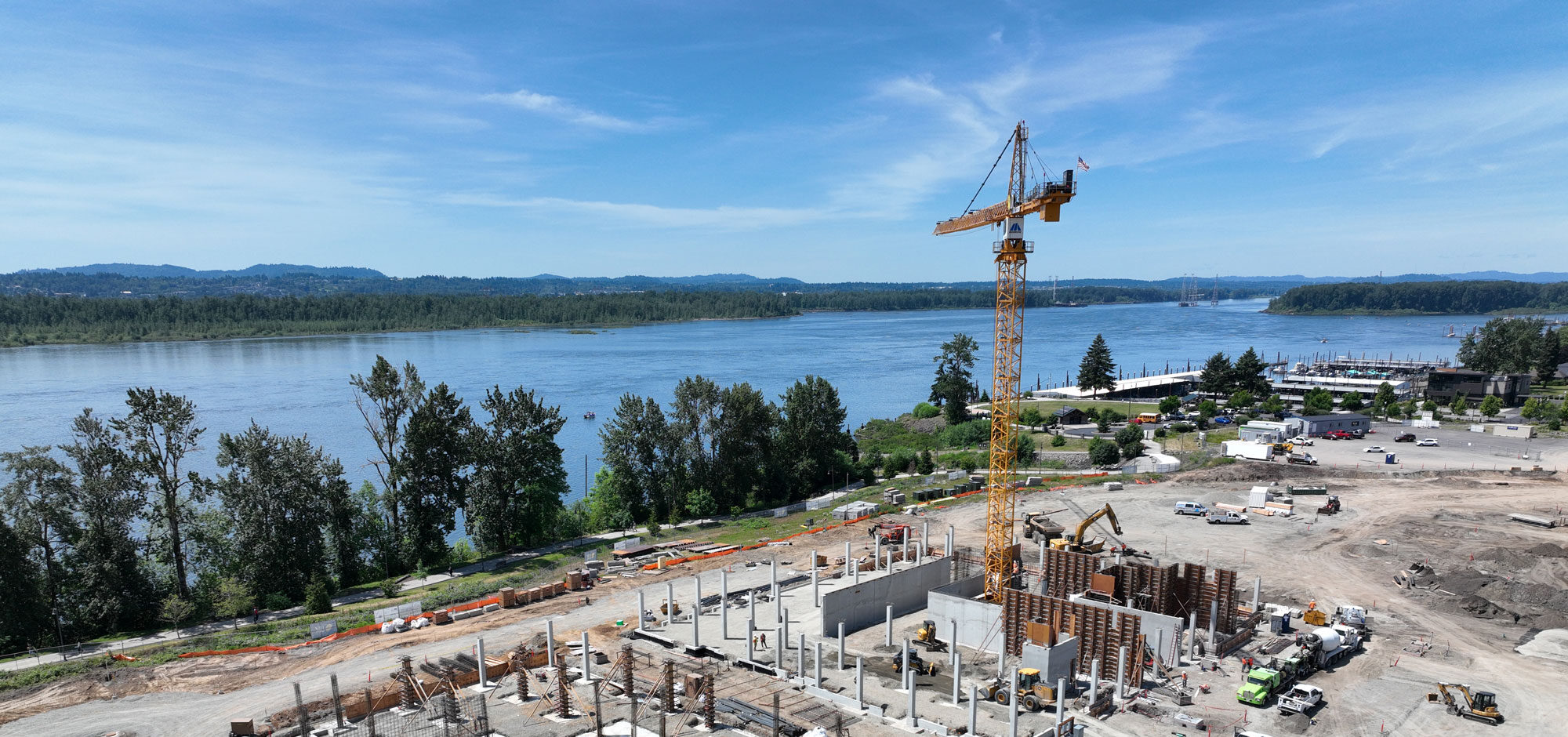Drone view of Hyas Point apartments and retail for lease in Camas-Washougal Washington