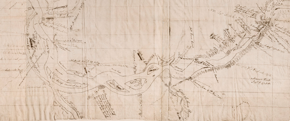 Hand-drawn 1805 map by William Clark showing the Columbia River from the forks to the Pacific Ocean.